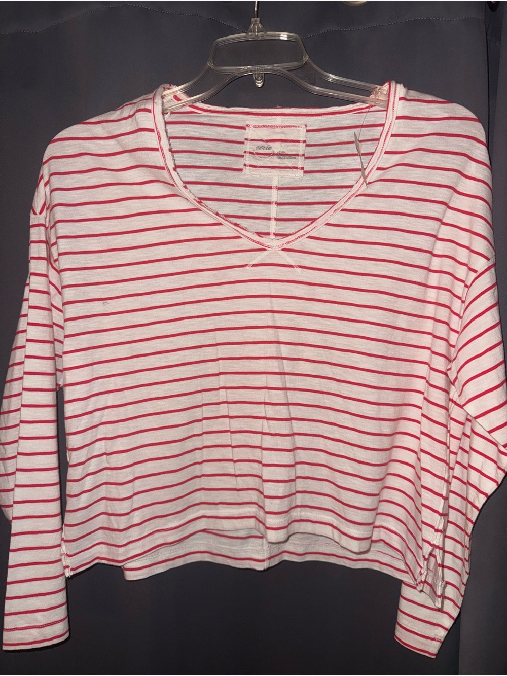 aerie White Long Sleeve V-Neck Top with Red Stripes